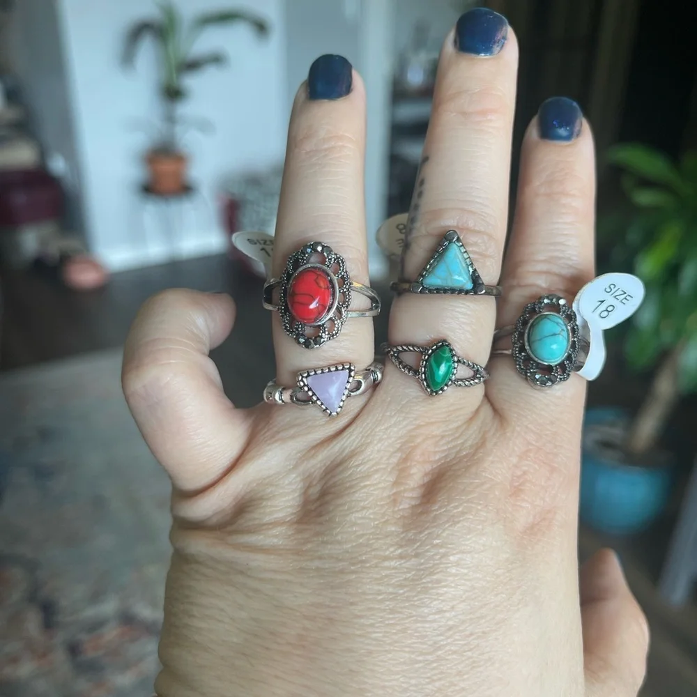 NWT Five Bohemian Jeweled Silver Turquoise Ring Set Bundle Size 8 - Picture 2 of 3